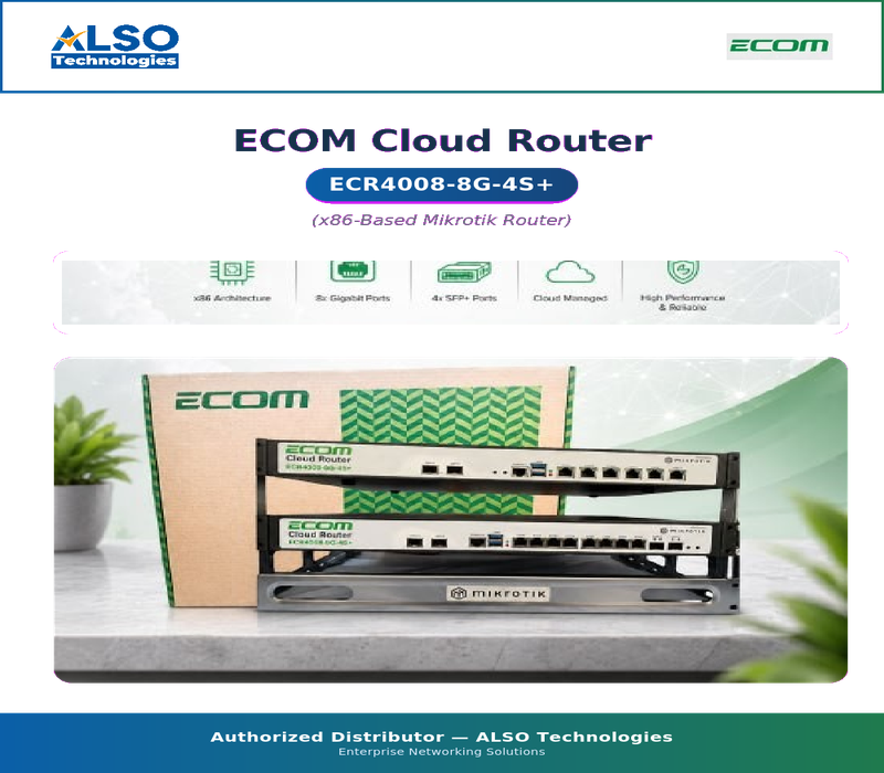 Ecom Cloud Router ECR4008-8G-4S+ is a high-performance networking router designed for ISP, enterprise, office, and professional network environments. It features 8 Gigabit Ethernet ports and 4 SFP+ ports, providing flexible connectivity for high-speed network setups.